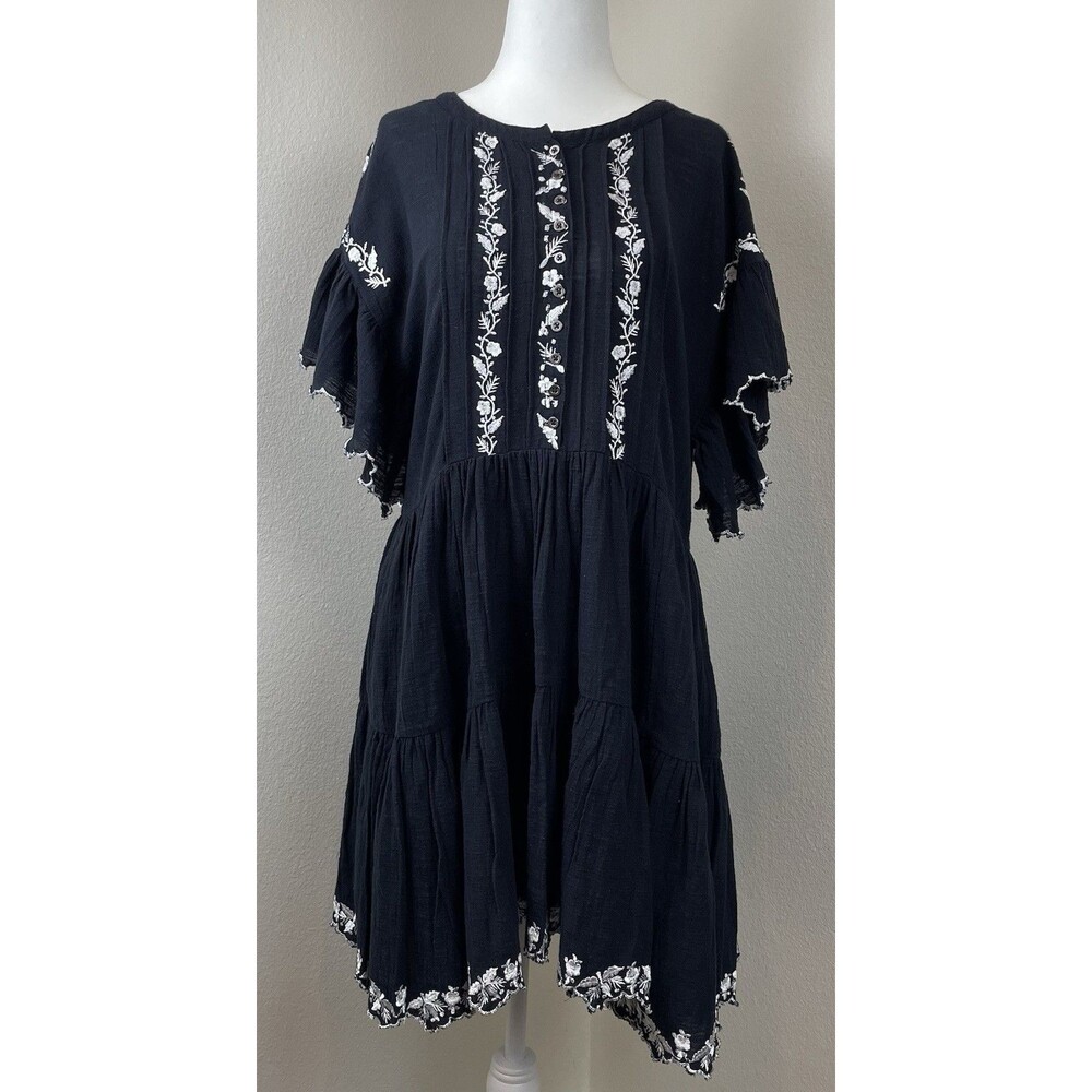 Free People Santiago Black White Embroidered Mini Dress Boho Hippie Peasant-XS